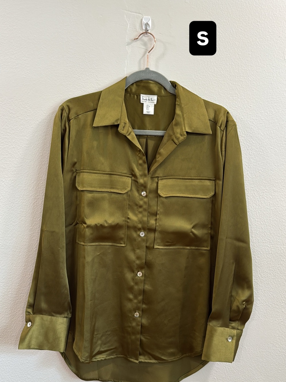 Talbots Olive Satin Button-Front Utility Blouse